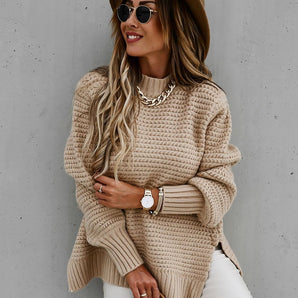 Solid color drawstring side slit knit sweater